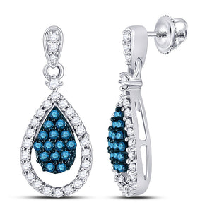 Earrings | 10kt White Gold Womens Round Blue Color Enhanced Diamond Teardrop Dangle Earrings 5/8 Cttw | Splendid Jewellery GND