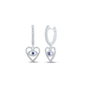 Earrings | 10kt White Gold Womens Round Blue Sapphire Diamond Heart Dangle Earrings 3/8 Cttw | Splendid Jewellery GND