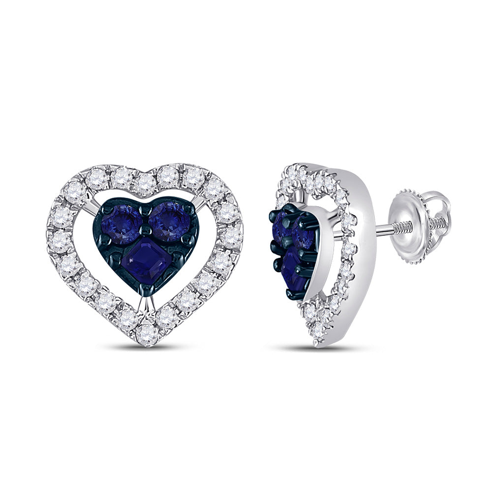 Earrings | 10kt White Gold Womens Round Blue Sapphire Diamond Heart Earrings 7/8 Cttw | Splendid Jewellery GND