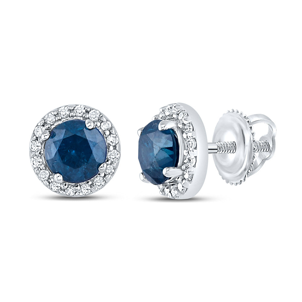 Earrings | 10kt White Gold Womens Round Blue Sapphire Halo Earrings 7/8 Cttw | Splendid Jewellery GND