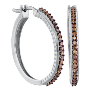 Earrings | 10kt White Gold Womens Round Brown Diamond Single Row Hoop Earrings 1/2 Cttw | Splendid Jewellery GND
