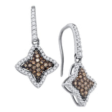 Load image into Gallery viewer, Celestial Sparkle: 10kt White Gold Womens Round Brown Diamond Star Dangle Earrings  Top View from Splendid Jewellery