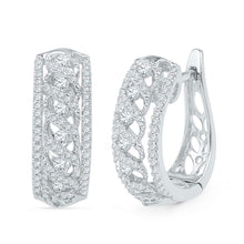 Load image into Gallery viewer, Crisscrossed Brilliance: 10kt White Gold Diamond Openwork Hoop Earrings  Top View from Splendid Jewellery