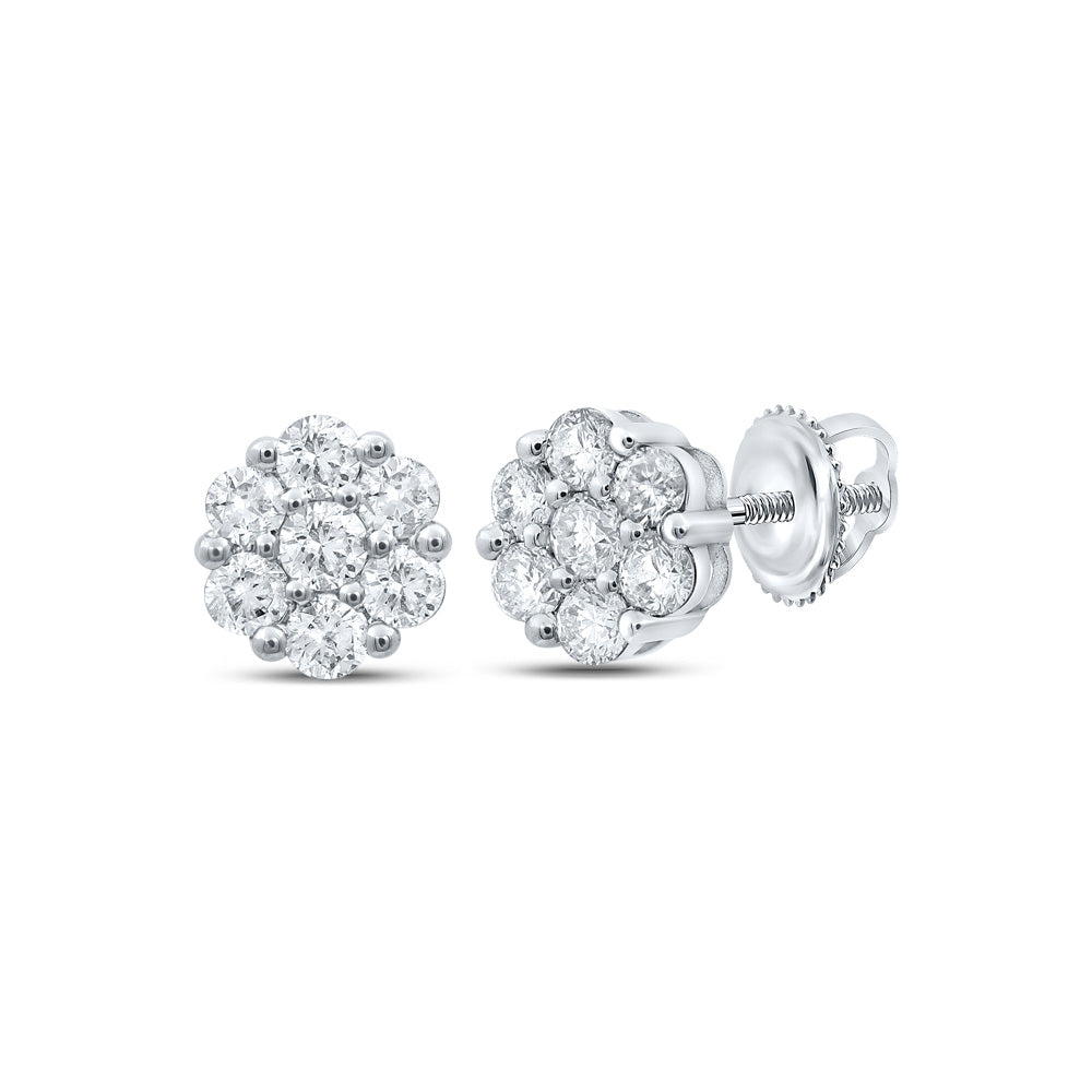 Earrings | 10kt White Gold Womens Round Diamond Flower Cluster Earrings 1 Cttw | Splendid Jewellery GND