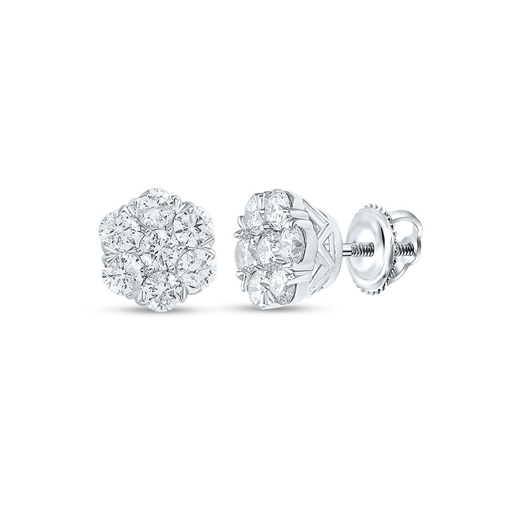 Earrings | 10kt White Gold Womens Round Diamond Flower Cluster Earrings 1 Cttw | Splendid Jewellery GND
