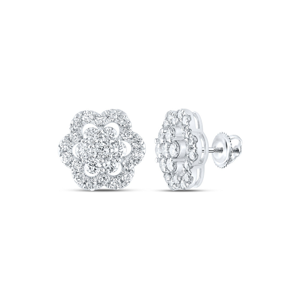 Earrings | 10kt White Gold Womens Round Diamond Flower Cluster Earrings 2 Cttw | Splendid Jewellery GND