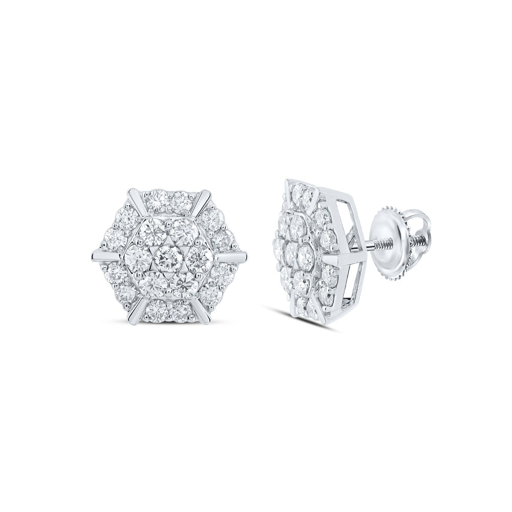 Earrings | 10kt White Gold Womens Round Diamond Hexagon Cluster Earrings 1 Cttw | Splendid Jewellery GND