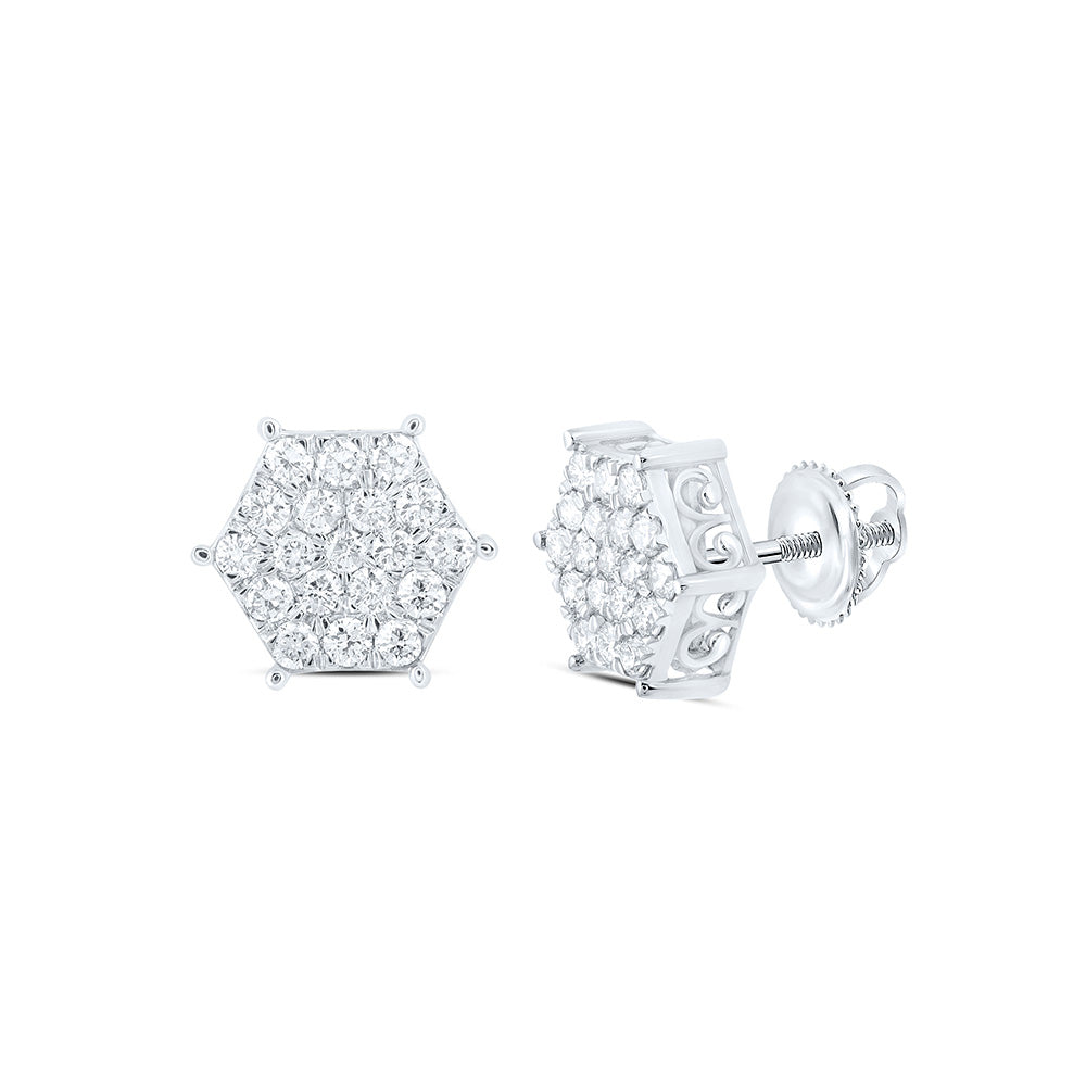 Earrings | 10kt White Gold Womens Round Diamond Hexagon Cluster Earrings 7/8 Cttw | Splendid Jewellery GND