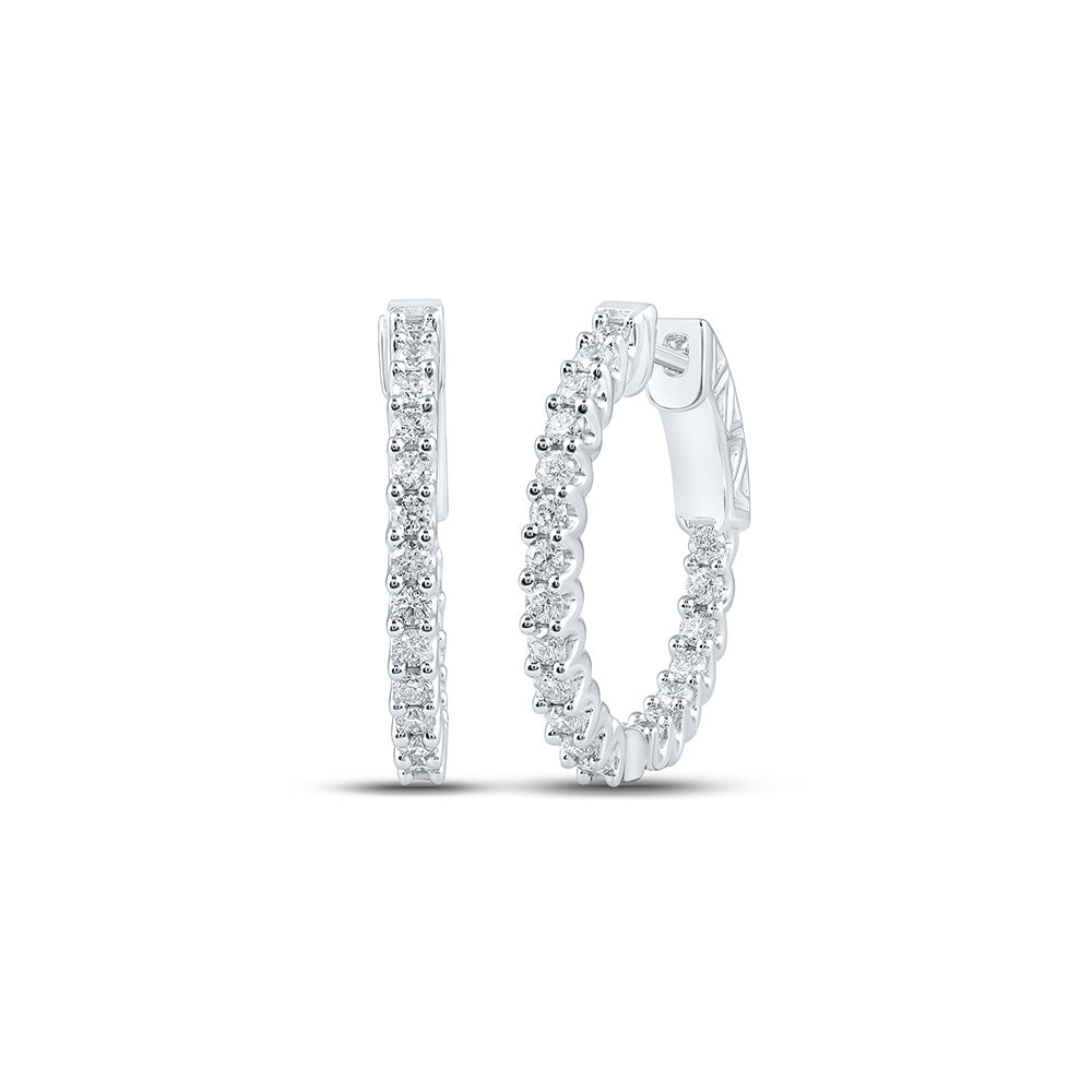 Earrings | 10kt White Gold Womens Round Diamond Inside Outside Hoop Earrings 1 Cttw | Splendid Jewellery GND