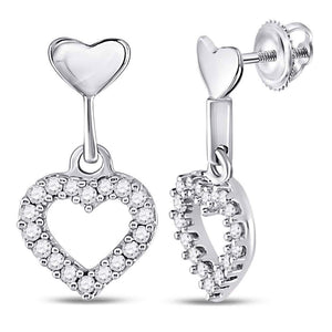 Earrings | 10kt White Gold Womens Round Diamond Small Heart Dangle Earrings 1/5 Cttw | Splendid Jewellery GND