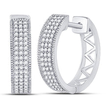 Load image into Gallery viewer, Glamorous Brilliance: 10kt White Gold Triple Row Pave Hoop Earrings with 1/3 Cttw Diamonds  Top View from Splendid Jewellery
