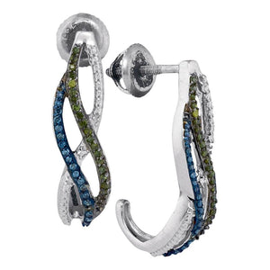 Earrings | 10kt White Gold Womens Round Green Blue Color Enhanced Diamond Half J Hoop Earrings 1/4 Cttw | Splendid Jewellery GND