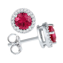 Load image into Gallery viewer, Radiant Red Sparkle: 10kt White Gold Womens Round Lab-Created Ruby Diamond Stud Earrings 1-1/3 Cttw  Top View from Splendid Jewellery