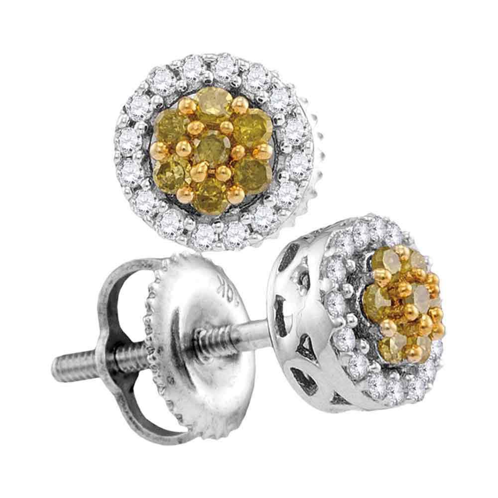 Earrings | 10kt White Gold Womens Round Yellow Color Enhanced Diamond Cluster Earrings 1/4 Cttw | Splendid Jewellery GND