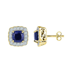 Earrings | 10kt Yellow Gold Womens Cushion Lab-Created Blue Sapphire Stud Earrings 3-1/3 Cttw | Splendid Jewellery GND