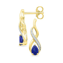 Load image into Gallery viewer, Splendid Jewellery 10kt Yellow Gold Womens Pear Lab-Created Blue Sapphire Diamond Earrings 1 Cttw: A Mesmerizing Masterpiece  Top View from Splendid Jewellery