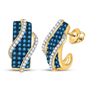 Earrings | 10kt Yellow Gold Womens Round Blue Color Enhanced Diamond Half J Hoop Earrings 1 Cttw | Splendid Jewellery GND