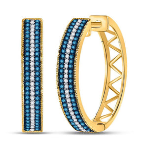 Earrings | 10kt Yellow Gold Womens Round Blue Color Enhanced Diamond Hoop Earrings 1/2 Cttw | Splendid Jewellery GND