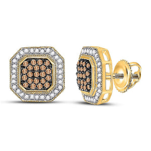 Earrings | 10kt Yellow Gold Womens Round Brown Diamond Octagon Cluster Earrings 1/2 Cttw | Splendid Jewellery GND