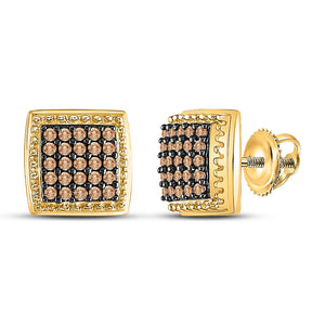 Earrings | 10kt Yellow Gold Womens Round Brown Diamond Square Cluster Earrings 1/2 Cttw | Splendid Jewellery GND