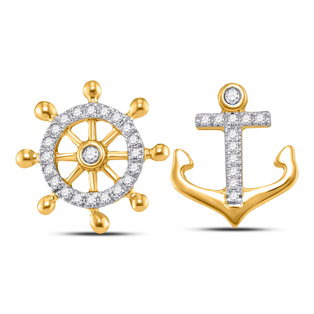 Earrings | 10kt Yellow Gold Womens Round Diamond Anchor Wheel Nautical Earrings 1/10 Cttw | Splendid Jewellery GND