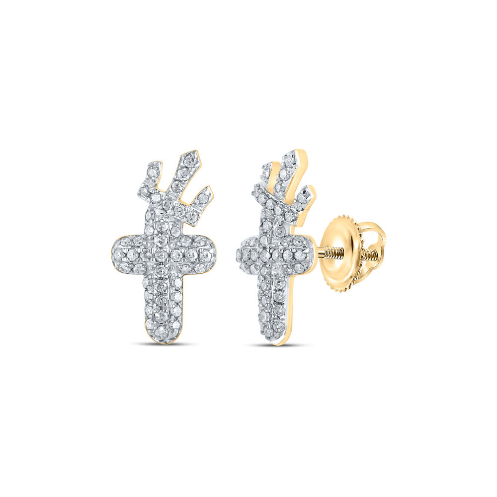 Earrings | 10kt Yellow Gold Womens Round Diamond Crown Cross Earrings 1/4 Cttw | Splendid Jewellery GND