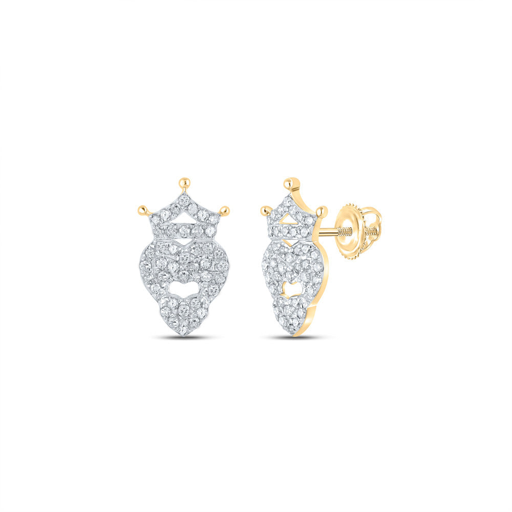 Earrings | 10kt Yellow Gold Womens Round Diamond Crown Heart Earrings 1/5 Cttw | Splendid Jewellery GND