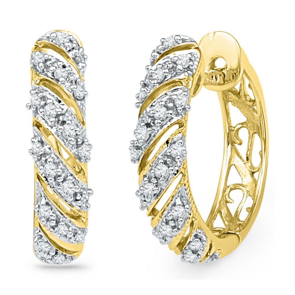 Earrings | 10kt Yellow Gold Womens Round Diamond Diagonal Stripe Hoop Earrings 1/6 Cttw | Splendid Jewellery GND