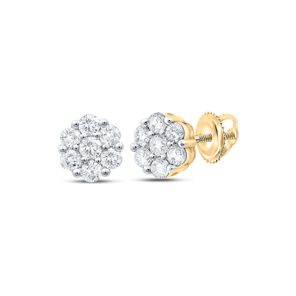 Earrings | 10kt Yellow Gold Womens Round Diamond Flower Cluster Earrings 1 Cttw | Splendid Jewellery GND