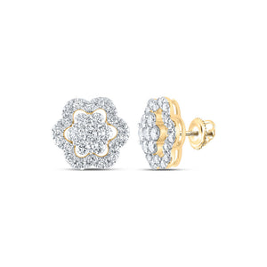 Earrings | 10kt Yellow Gold Womens Round Diamond Flower Cluster Earrings 2 Cttw | Splendid Jewellery GND