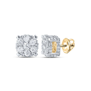 Earrings | 10kt Yellow Gold Womens Round Diamond Flower Cluster Earrings 7/8 Cttw | Splendid Jewellery GND