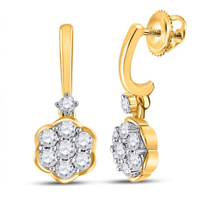 Earrings | 10kt Yellow Gold Womens Round Diamond Flower Dangle Earrings 1/2 Cttw | Splendid Jewellery GND