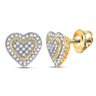 Romantic Radiance: 10kt Yellow Gold Womens Round Diamond Heart Earrings 1/4 Cttw  Top View from Splendid Jewellery