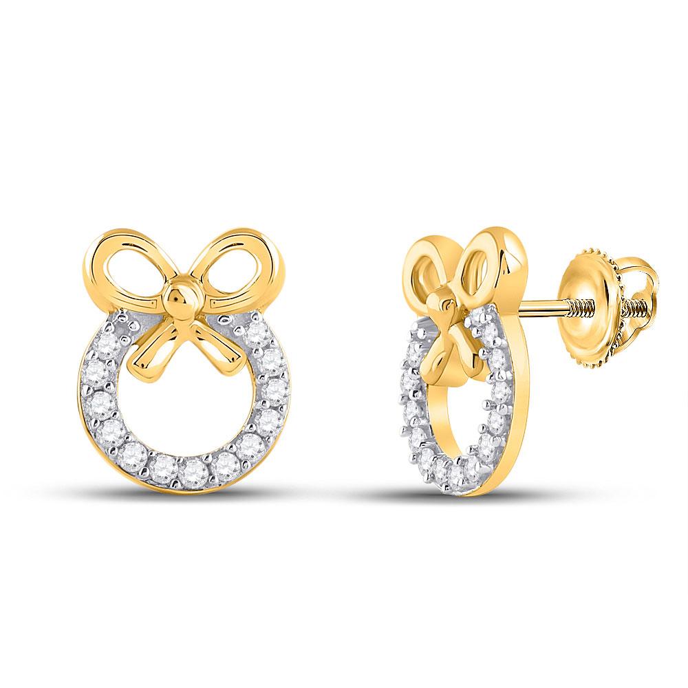 Earrings | 10kt Yellow Gold Womens Round Diamond Ribbon Bow Circle Earrings 1/10 Cttw | Splendid Jewellery GND