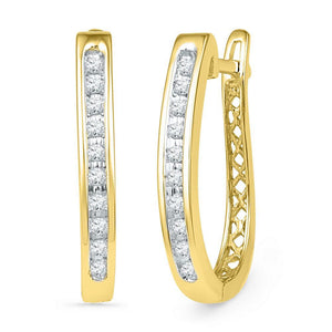 Earrings | 10kt Yellow Gold Womens Round Diamond Slender Single Row Oblong Hoop Earrings 1/5 Cttw | Splendid Jewellery GND