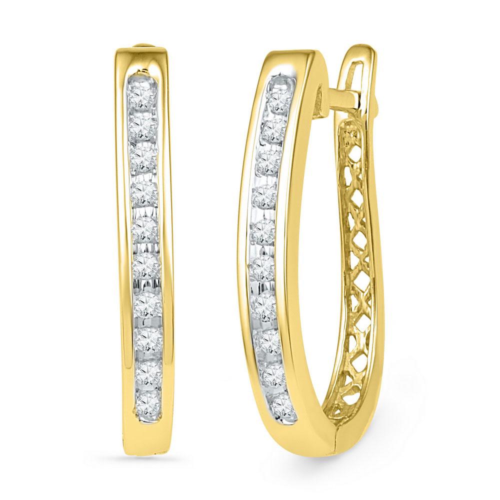 Earrings | 10kt Yellow Gold Womens Round Diamond Slender Single Row Oblong Hoop Earrings 1/5 Cttw | Splendid Jewellery GND