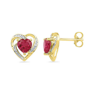 Earrings | 10kt Yellow Gold Womens Round Lab-Created Ruby Diamond Heart Earrings 3/8 Cttw | Splendid Jewellery GND