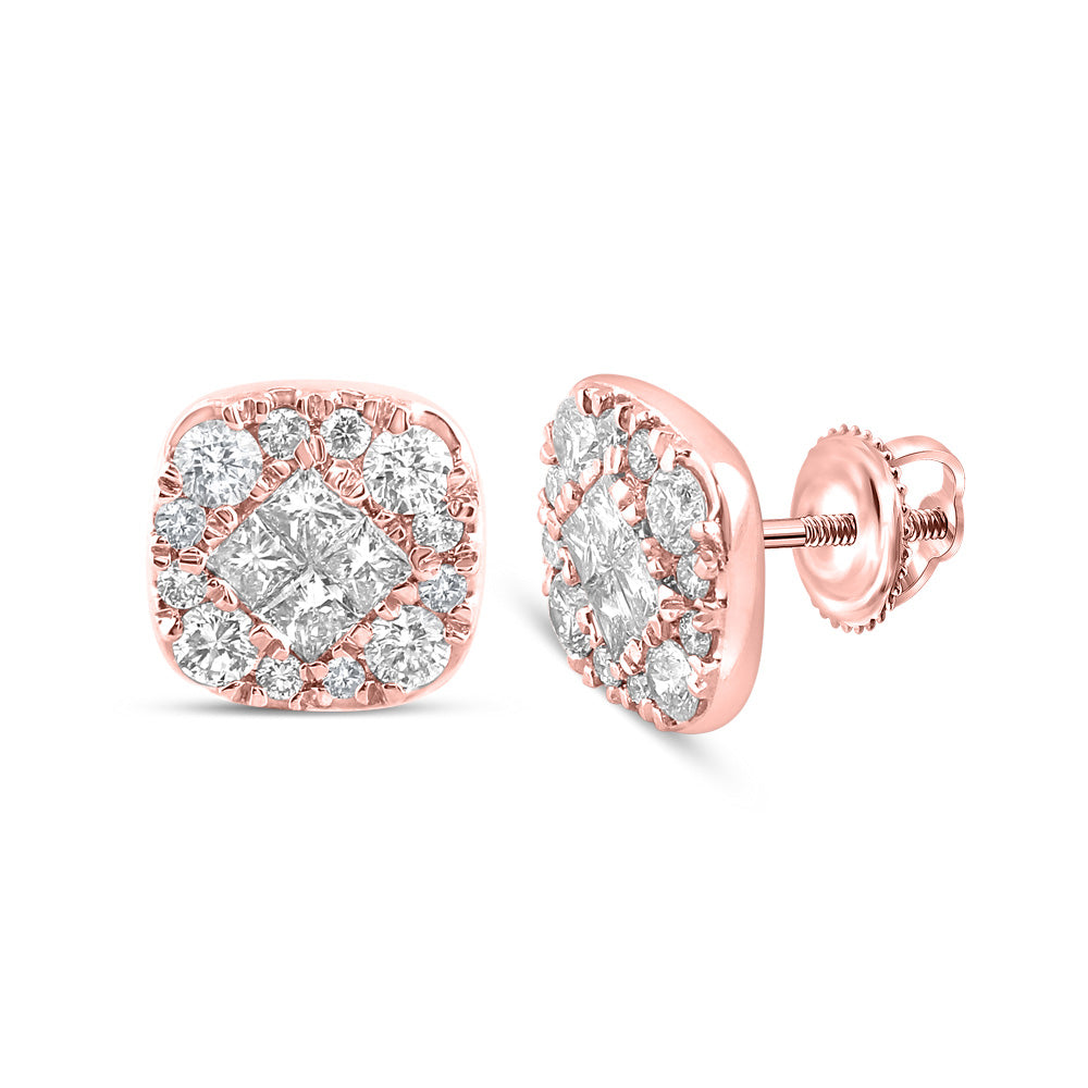 Earrings | 14kt Rose Gold Womens Princess Round Diamond Square Earrings 1 Cttw | Splendid Jewellery GND