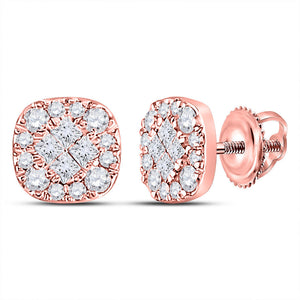 Earrings | 14kt Rose Gold Womens Princess Round Diamond Square Earrings 1/2 Cttw | Splendid Jewellery GND