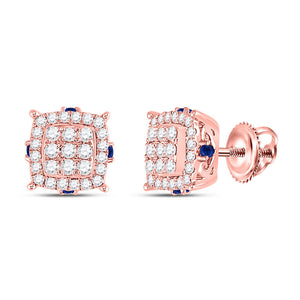 Earrings | 14kt Rose Gold Womens Round Diamond Blue Sapphire Square Earrings 5/8 Cttw | Splendid Jewellery GND