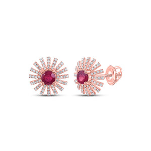 Earrings | 14kt Rose Gold Womens Round Ruby Diamond Fan Earrings 1-3/8 Cttw | Splendid Jewellery GND