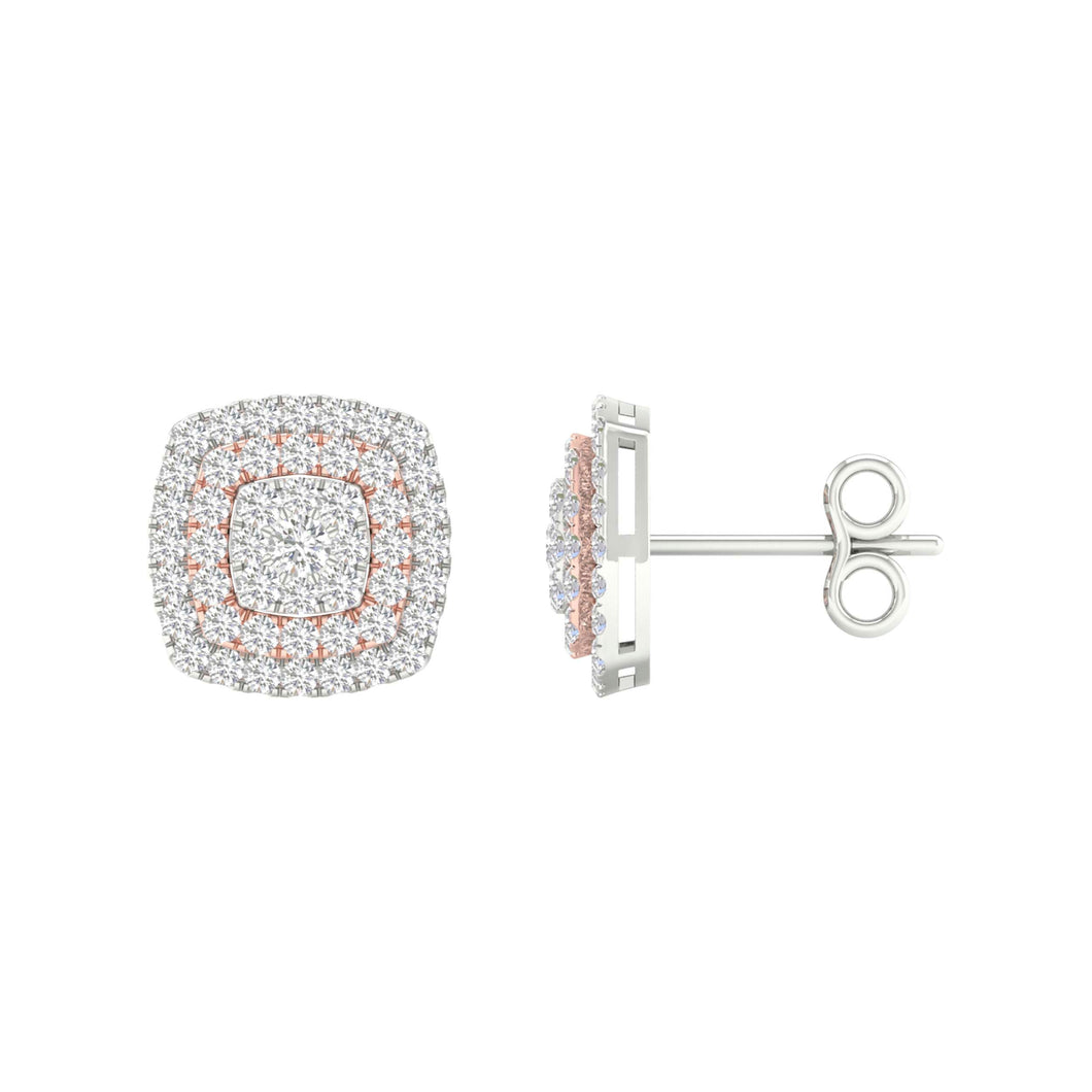 Earrings | 14kt Two-tone Gold Womens Round Diamond Square Cluster Earrings 1 Cttw | Splendid Jewellery GND