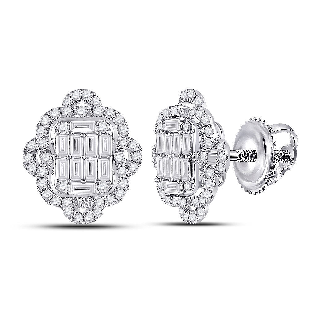 Earrings | 14kt White Gold Womens Baguette Diamond Quatrefoil Cluster Earrings 1 Cttw | Splendid Jewellery GND