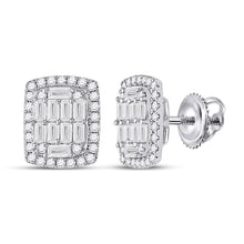 Load image into Gallery viewer, Radiant Brilliance: 14kt White Gold Baguette Diamond Rectangle Cluster Earrings - Top View