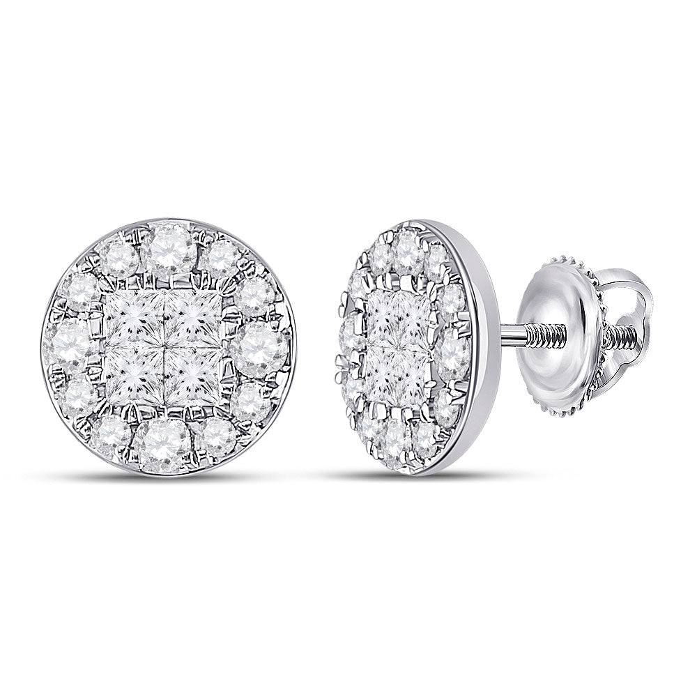 Earrings | 14kt White Gold Womens Princess Round Diamond Cluster Earrings 1 Cttw | Splendid Jewellery GND