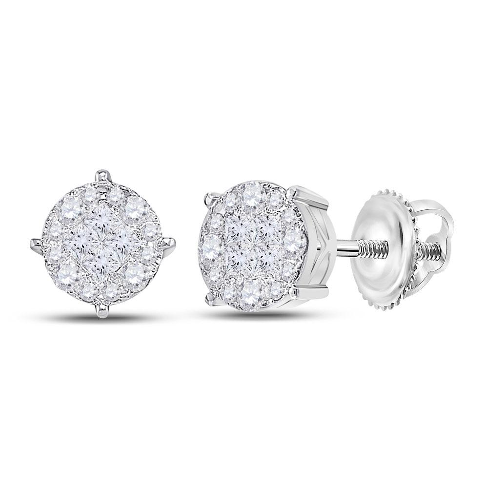 Earrings | 14kt White Gold Womens Princess Round Diamond Cluster Earrings 2 Cttw | Splendid Jewellery GND