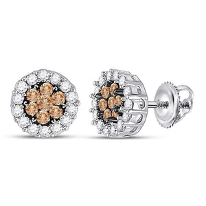 Earrings | 14kt White Gold Womens Round Brown Diamond Flower Cluster Earrings 3/4 Cttw | Splendid Jewellery GND