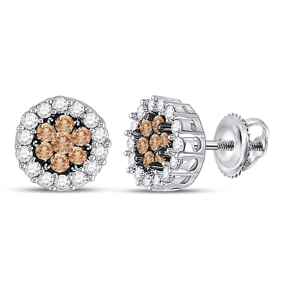 Earrings | 14kt White Gold Womens Round Brown Diamond Flower Cluster Earrings 3/4 Cttw | Splendid Jewellery GND
