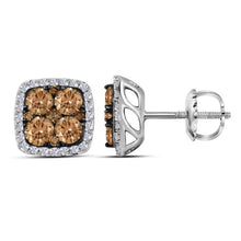 Load image into Gallery viewer, Captivating Brown and White Diamond Square Cluster Earrings in 14kt White Gold  Top View from Splendid Jewellery