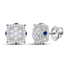Load image into Gallery viewer, 14kt White Gold Diamond and Blue Sapphire Cluster Earrings - Radiant Sparkle and Vibrant Hues - Top View
